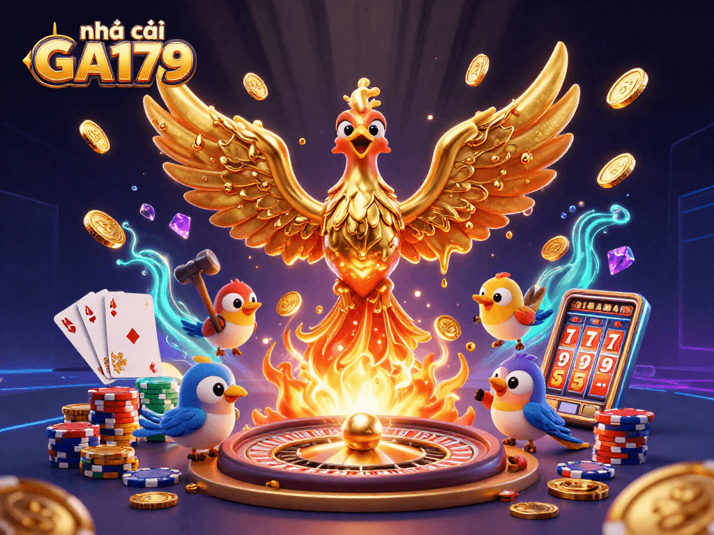Experience the excitement of nhà cái GA179 with a vibrant 3D illustration of a golden phoenix and casino elements.