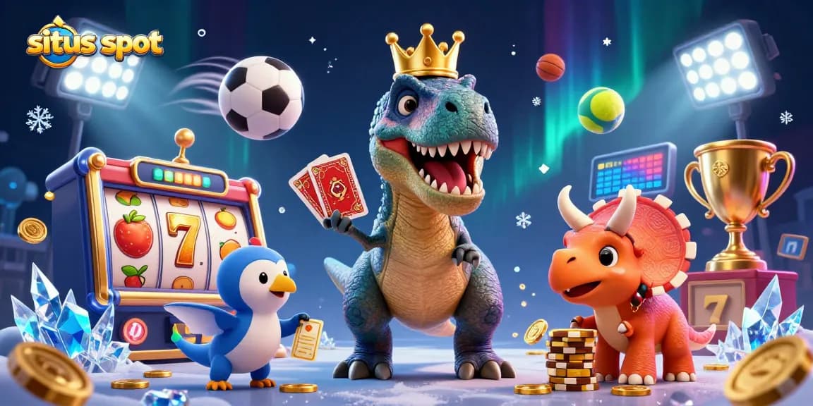 Menangkan jackpot di situs slot dengan T-Rex bermain kartu dan triceratops menumpuk chip emas.