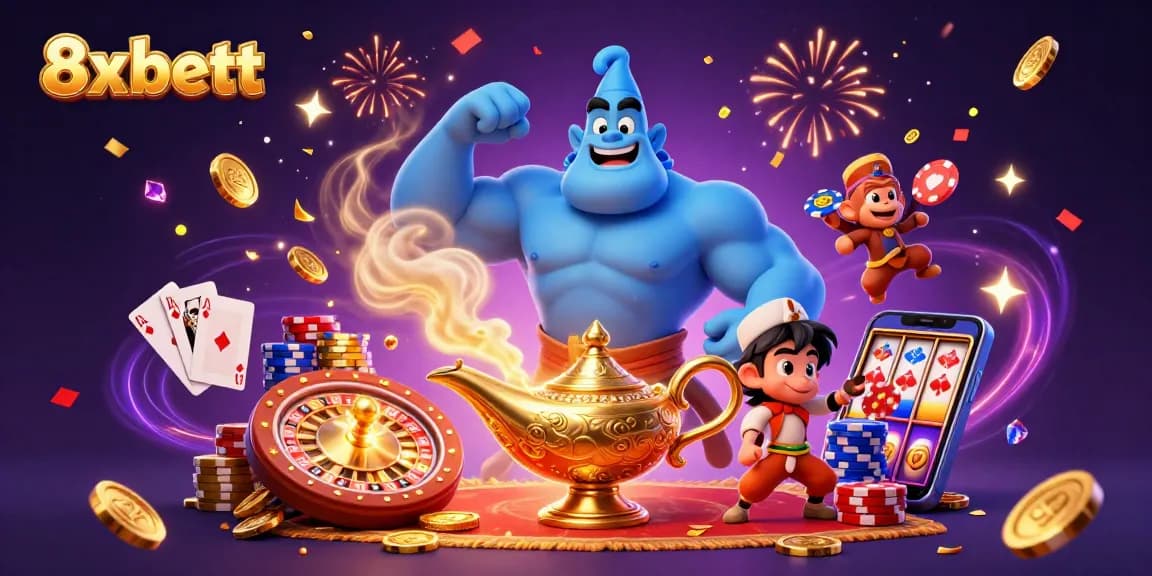 Experience the magic of 8xbett with an energetic genie, poker chips, and a dynamic casino atmosphere!