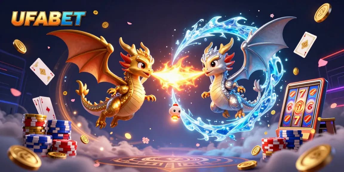 Spin the reels at UFABET with an enchanting 3D dragon scene featuring golden coins and poker chips.