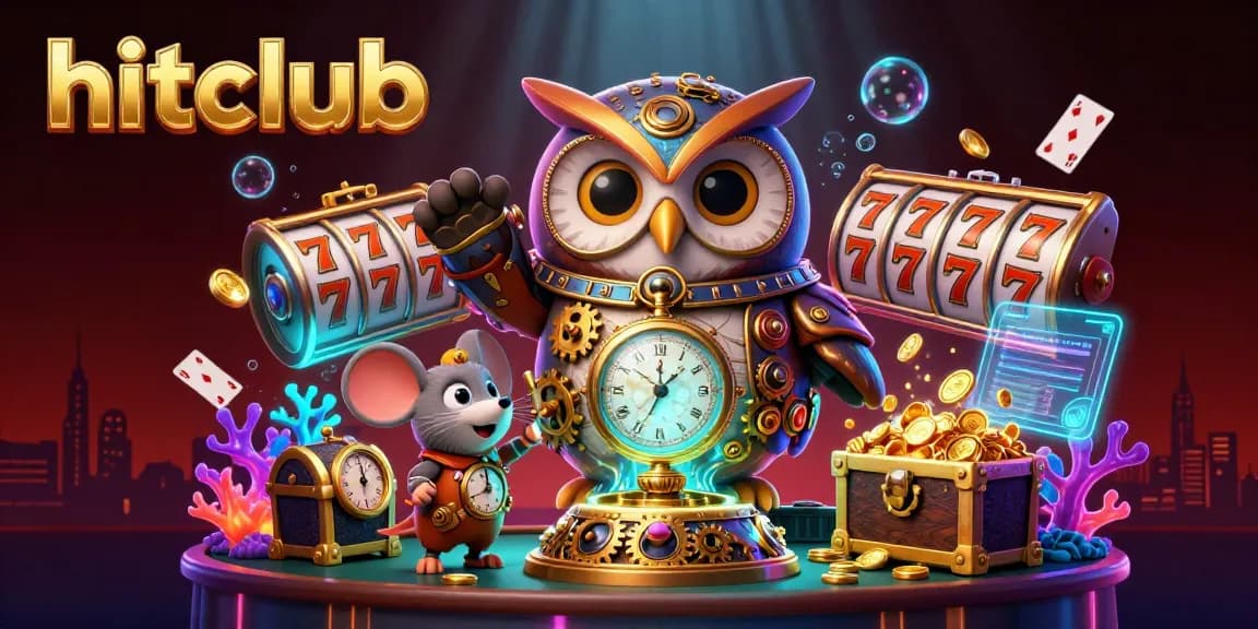 Hitclub showcases a lively 3D scene of a time-traveler owl and a mouse in a vibrant casino world filled with slot reels and gold.