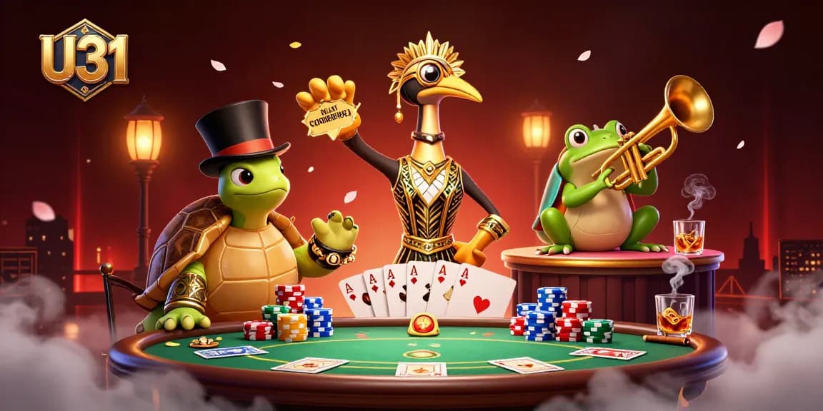 U31 players enjoy engaging poker gameplay at a vibrant speakeasy with top-hat turtle and trumpet-playing frog.