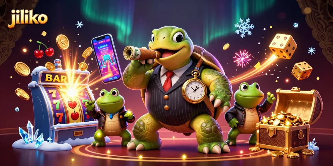 Win big with jiliko: a vibrant 3D casino scene featuring a whimsical turtle and frog enforcers.