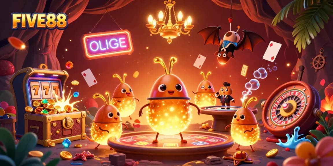 Players enjoy the lively atmosphere at FIVE88's dynamic casino, illuminated by glowworms and slot machines.