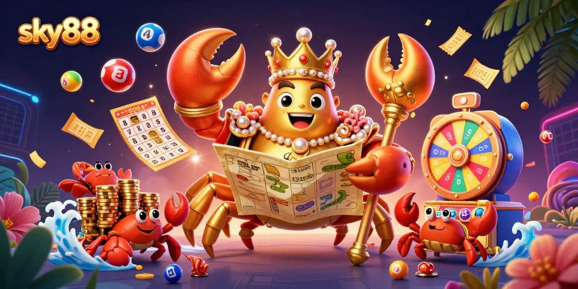Engage with sky88's colorful lottery scene featuring animated characters, dynamic game elements, and a vibrant atmosphere.