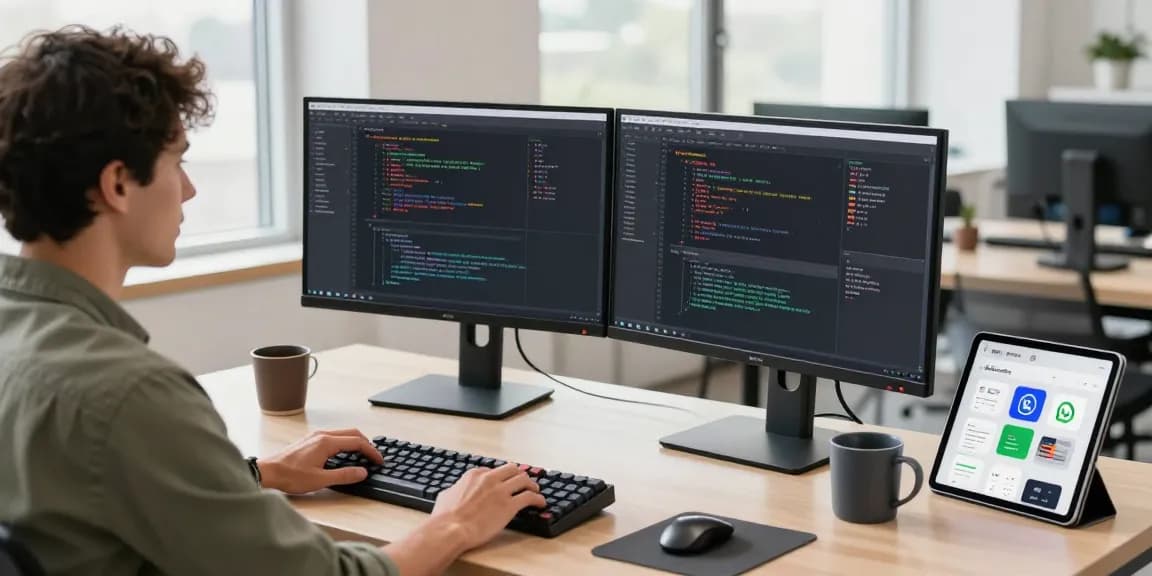 Professional workspace depicting coding environment for WhatsApp下載 development with dual monitors.