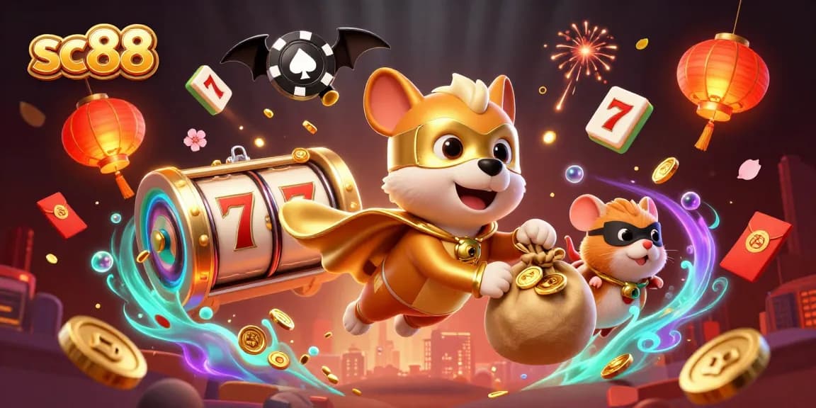 Experience thrilling gameplay with sc88 as the superhero dog flies over a vibrant casino scene filled with excitement and riches.