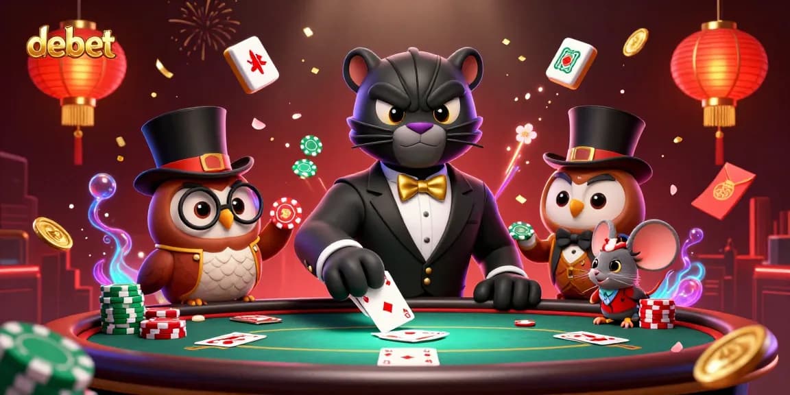 Experience debet poker action with a stylish panther dealer, owl, and lucky mouse in an engaging casino scene.