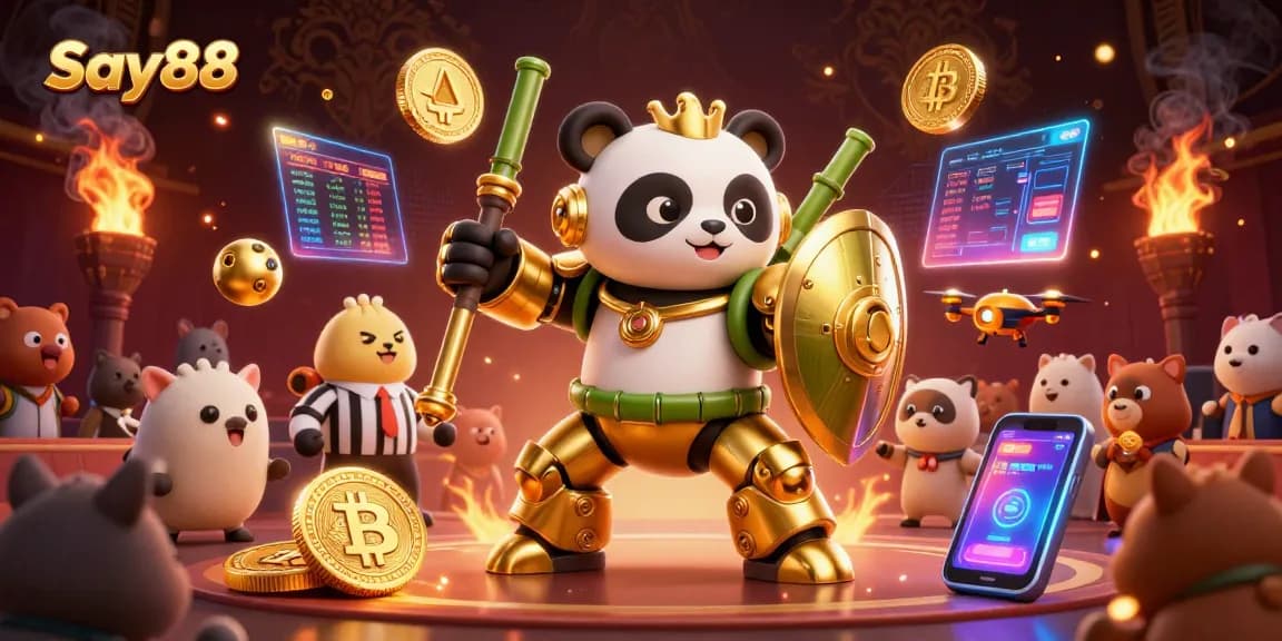 Experience thrilling gameplay at Say88 with 3D animated mech-suit panda battling in a vibrant casino arena.