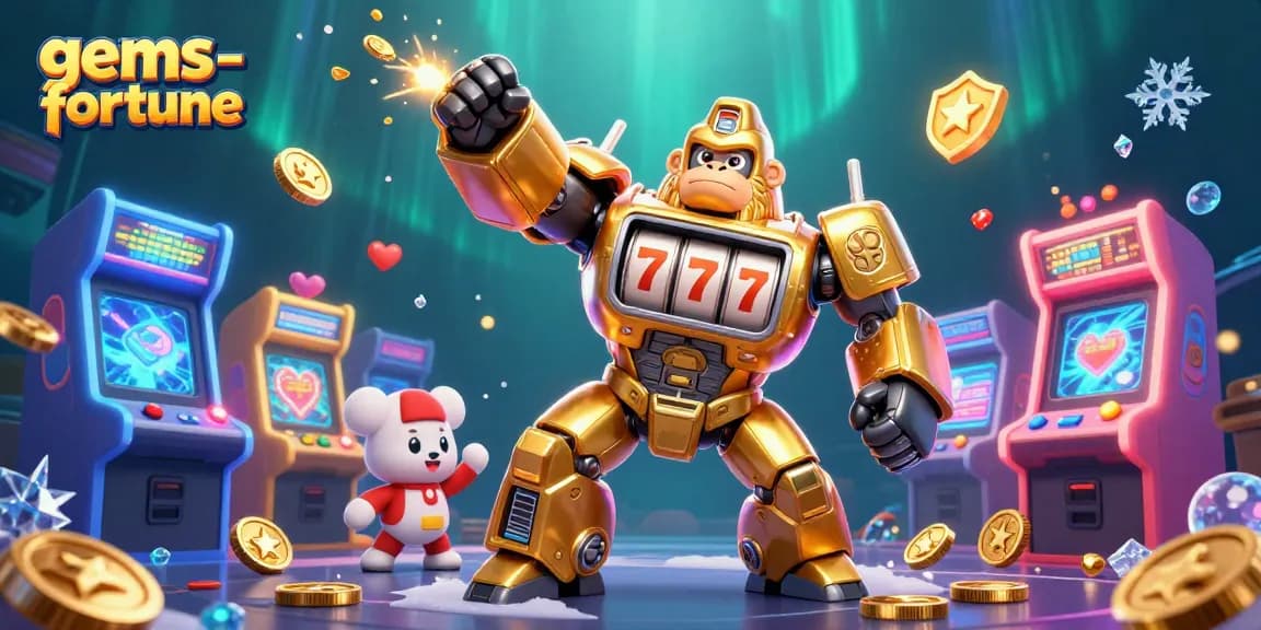 Engage with gems-fortune as a golden gorilla mech breaks through with slot machine power and cartoon elements.
