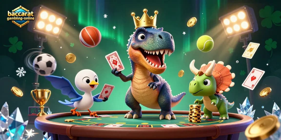 Experience baccarat-gambling-online excitement with a friendly T-Rex and fun casino elements.