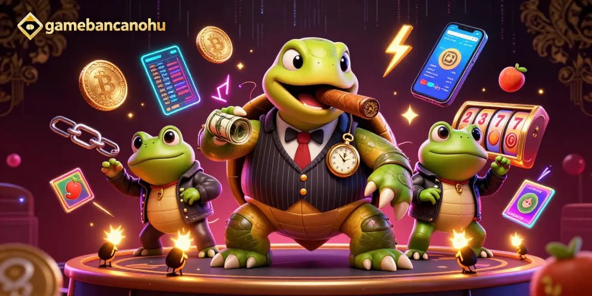 gamebancanohu engages players with a lively casino scene featuring a cartoon turtle and bullfrogs amidst Bitcoin coins.