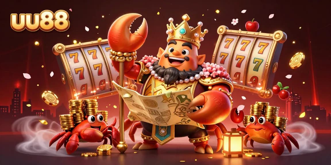 uu88 players enjoy spinning jackpot reels with golden crab emperor in vibrant casino scene