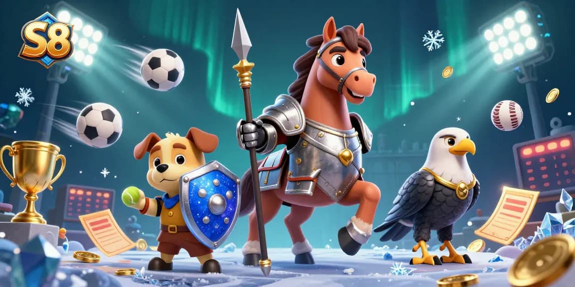 Unleash your winning potential at S8 with a vibrant 3D casino scene featuring dynamic sports elements.