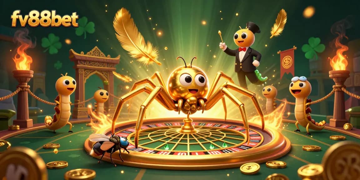 Bet big with fv88bet as a cartoon golden spider spins a roulette wheel web, embodying thrilling casino action.