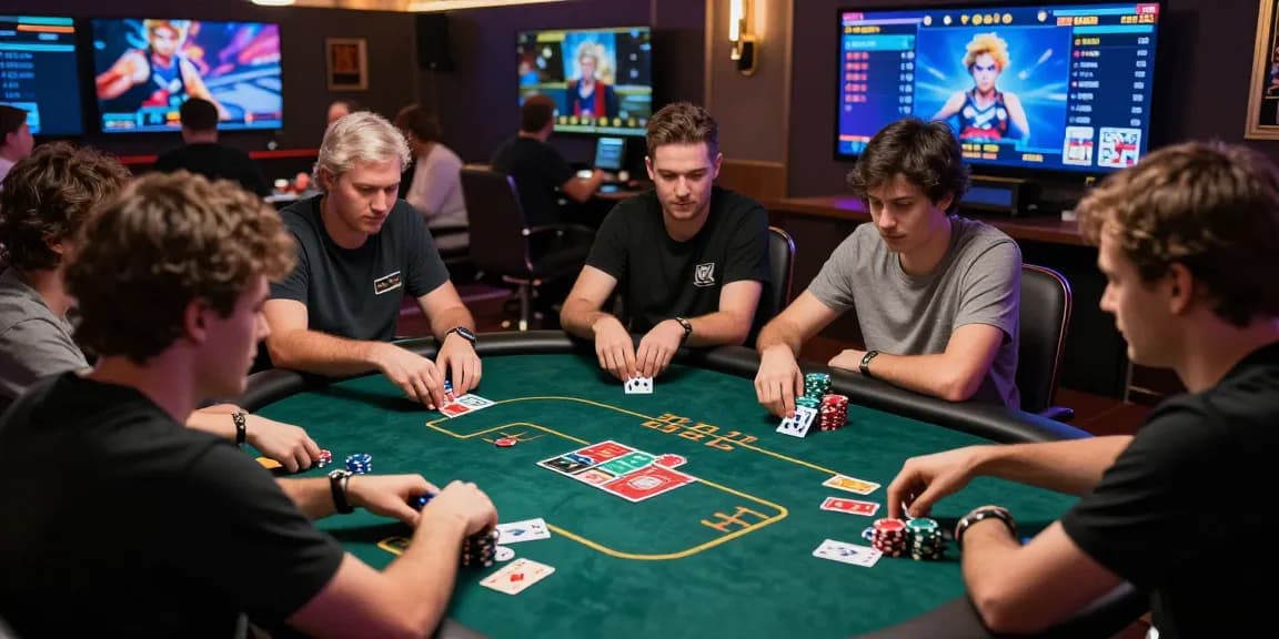 Engaged players at Dominobet online poker table during intense game session, showcasing vibrant energy and community.