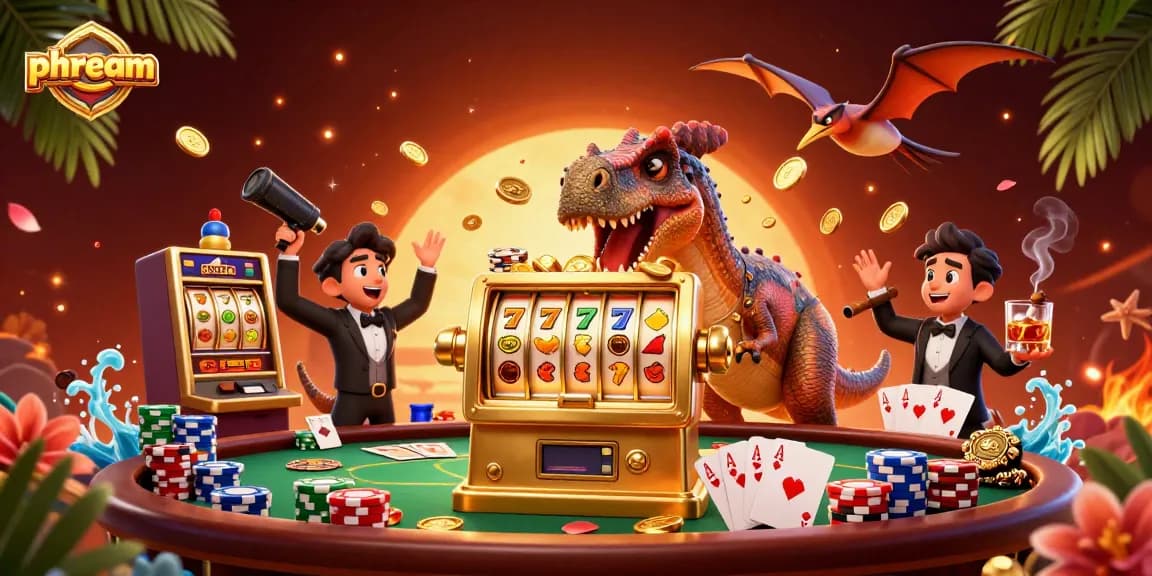 PHDREAM showcases a vibrant 3D scene where a dinosaur interacts with a gold slot machine, emphasizing exciting casino action.