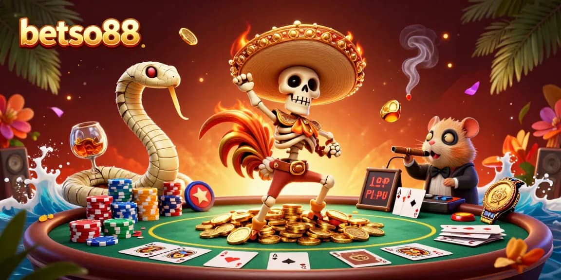 Experience thrilling gaming at betso88 with a lively mariachi rooster celebrating on golden coins.