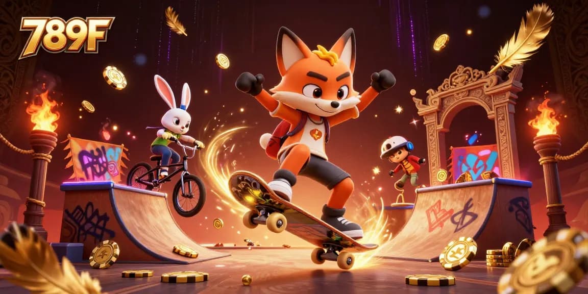Watch the 789F skateboarding fox perform tricks over golden poker chips in this vibrant casino scene.