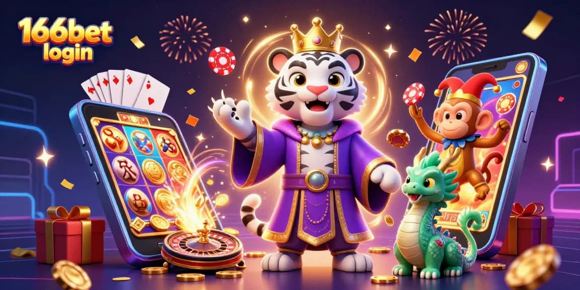 Engage with 166bet login featuring a lively scene of a tiger, monkey, and dragon amidst vibrant casino elements.