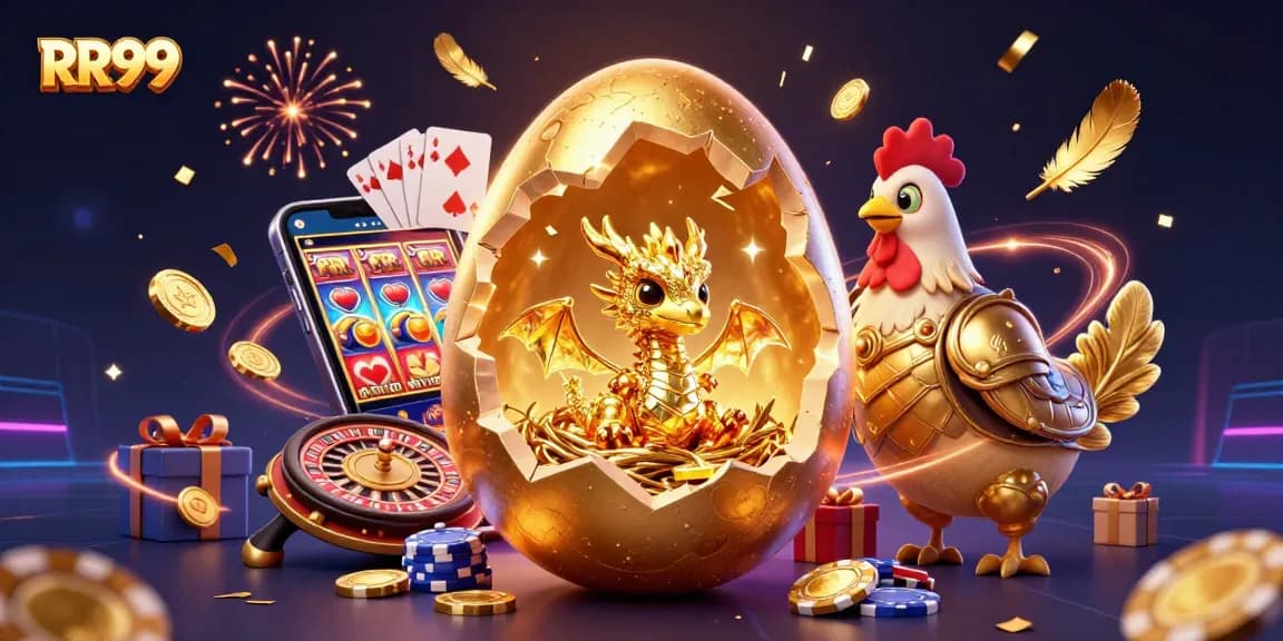 Experience the thrilling excitement of RR99 with a golden dragon and casino elements bursting into action.