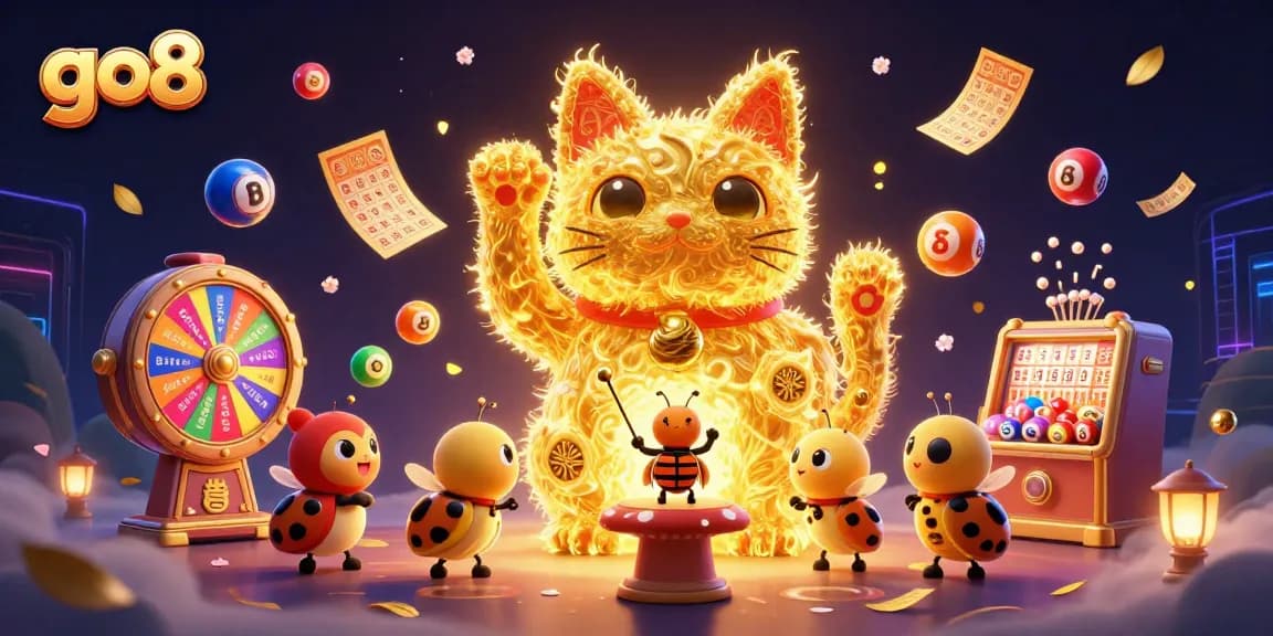 Spin the lucky cat at go8, featuring vibrant casino symbols and lottery elements revealing exciting prizes.