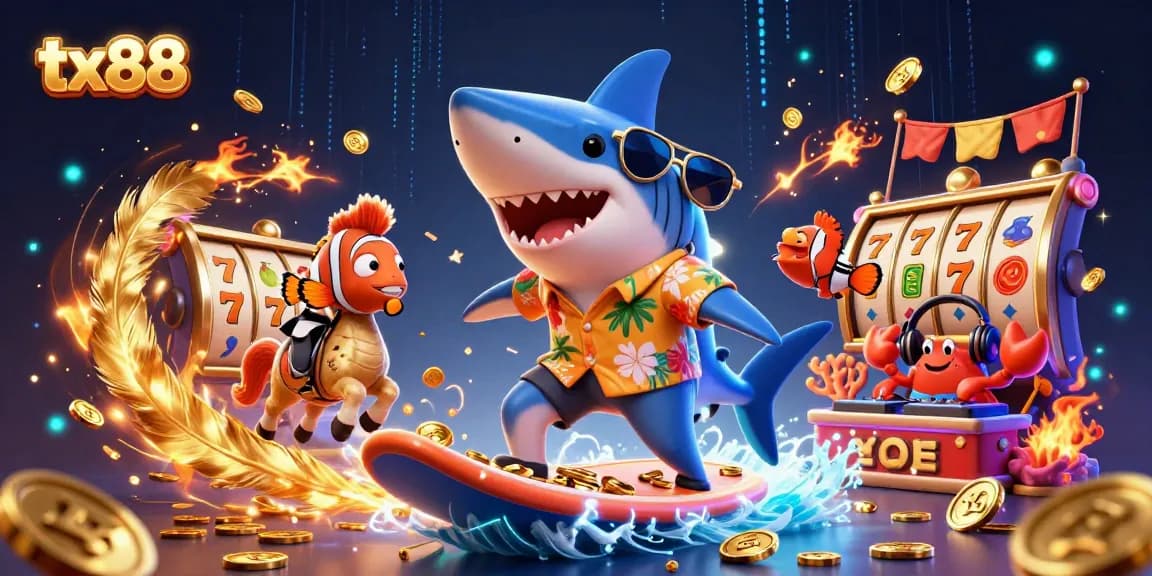Engage with tx88 in a vibrant casino scene featuring a surfing shark, tuxedo-clad clownfish, and dynamic gameplay elements.