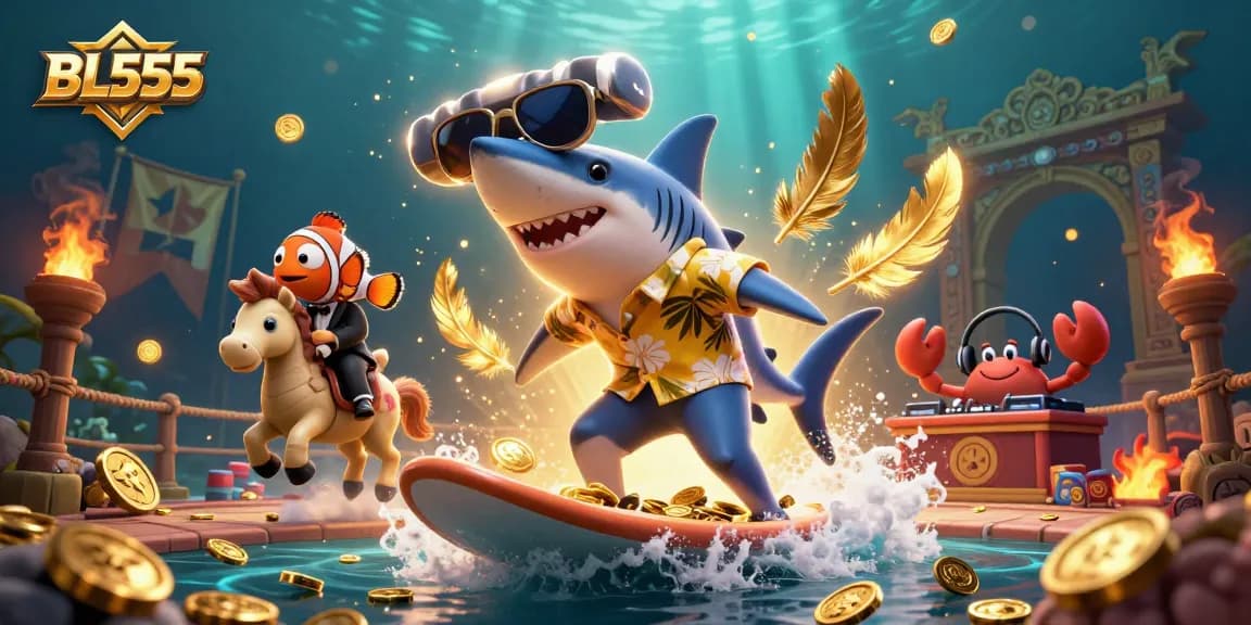 Experience thrilling wins at BL555 with vibrant gaming elements in a colorful underwater scene.