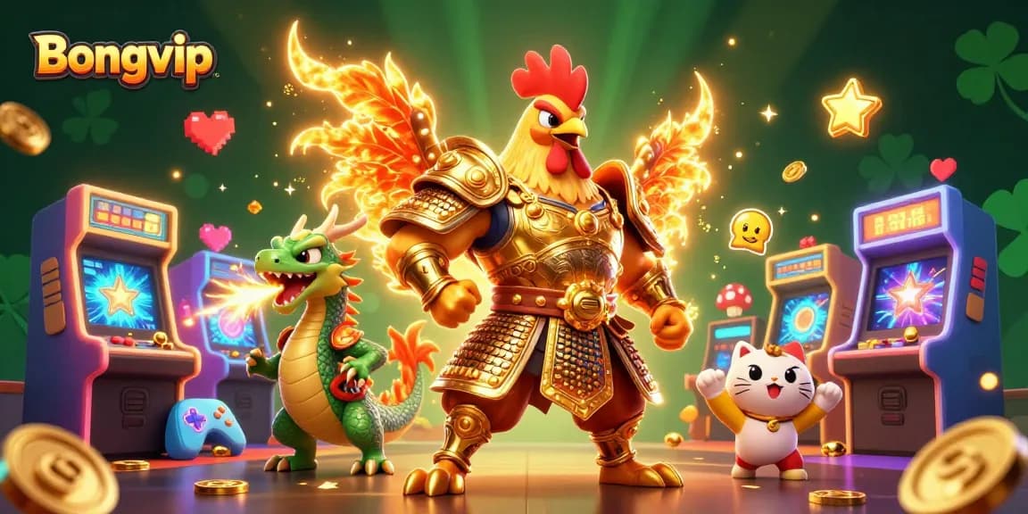 Bongvip brings thrilling gaming elements alive, showcasing a rooster warrior and dragon in an action-packed casino scene.