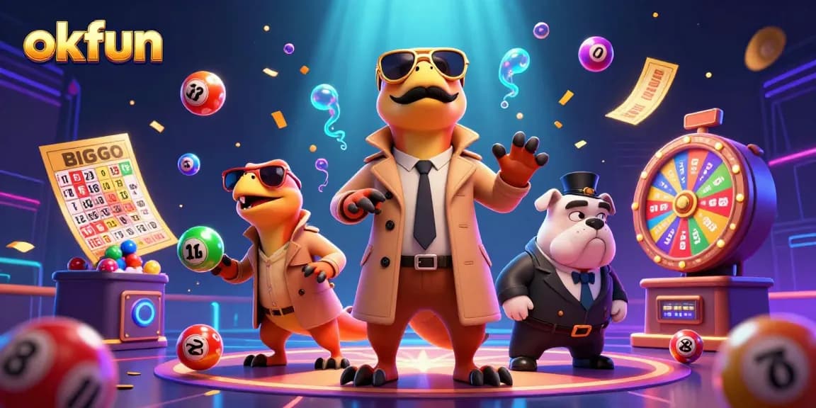 Experience fun at okfun with three cartoon raptors in a trench coat entering a casino, surrounded by lottery elements.