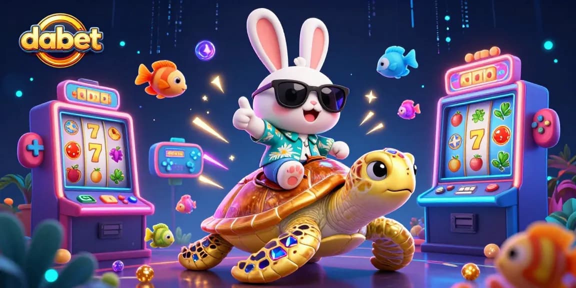 Dabet captures thrilling slot gameplay with a lucky rabbit and sea turtle amid vivid casino elements.