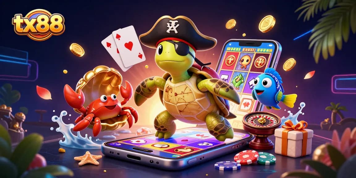 Engage in thrilling slots at tx88 with a cartoon pirate turtle and vibrant casino elements.