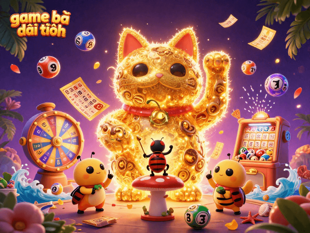 Experience game bài đổi thưởng with a lucky cat and vibrant casino symbols in a dynamic 3D illustration.