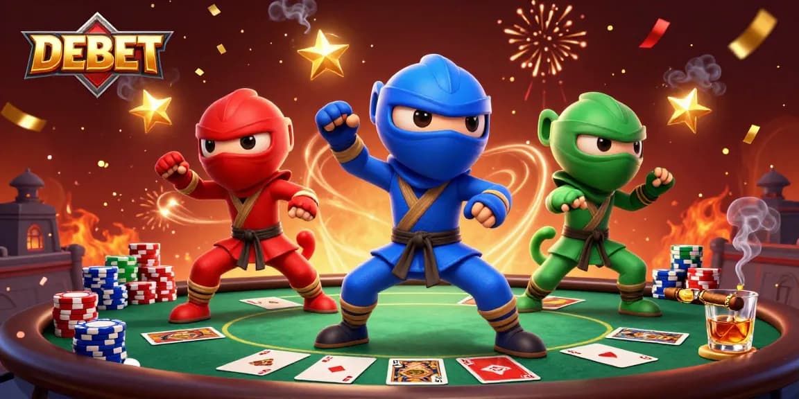 Engage with DEBET's thrilling poker action featuring vibrant chameleons in a casino adventure.