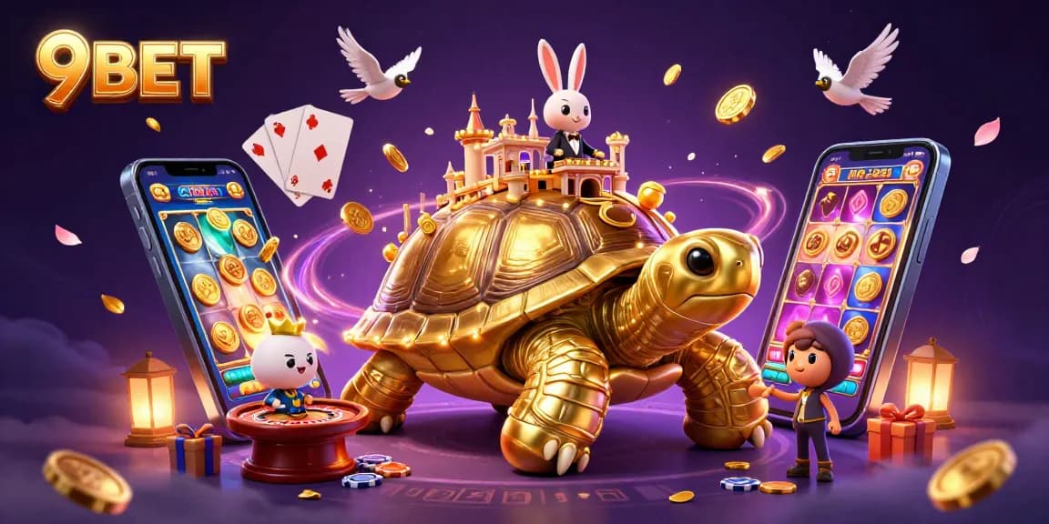 Experience exciting gameplay at 9BET with a vibrant digital casino scene featuring a tortoise and dealer.