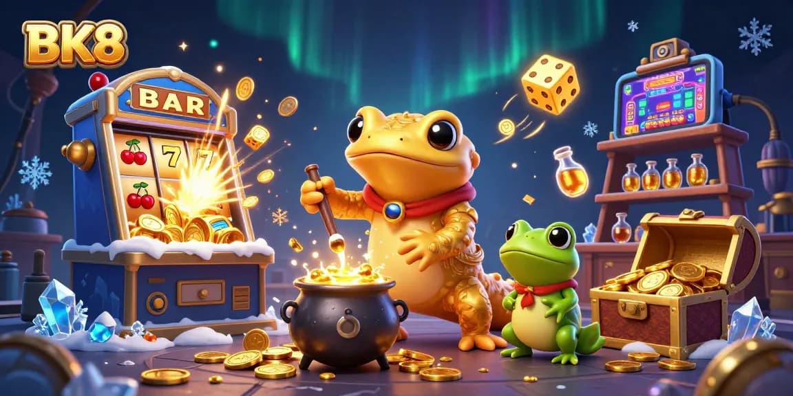 Experience thrilling wins with BK8 at a vibrant 3D casino scene featuring gold and slot machines.