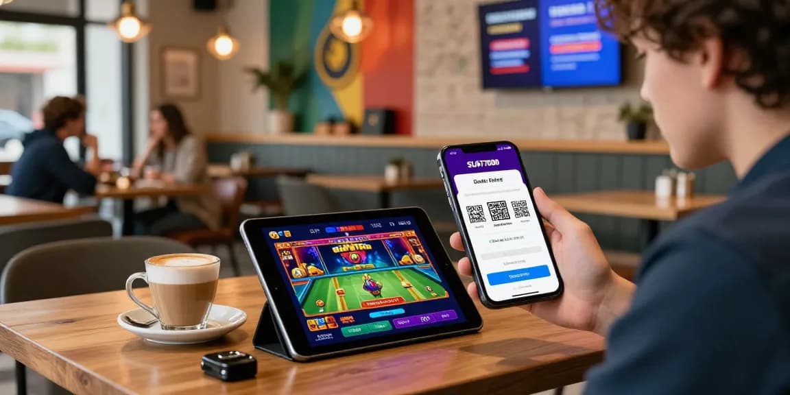 Experience a seamless gaming journey with slot7000 on a smartphone in a vibrant café.