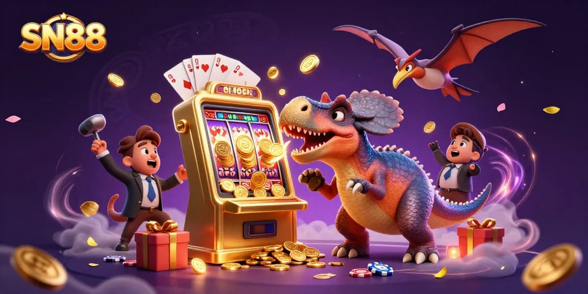 SN88 features a pachycephalosaurus winning jackpot coins with vibrant casino elements.