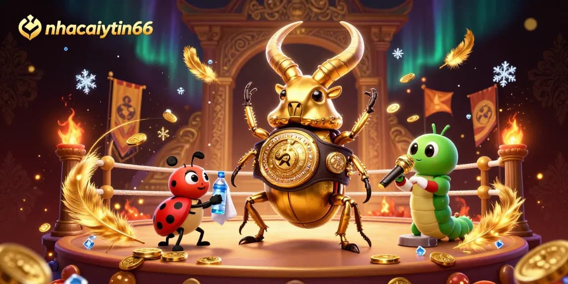 nhacaiuytin66 promotes thrilling casino action with a giant golden stag beetle in an epic showdown.