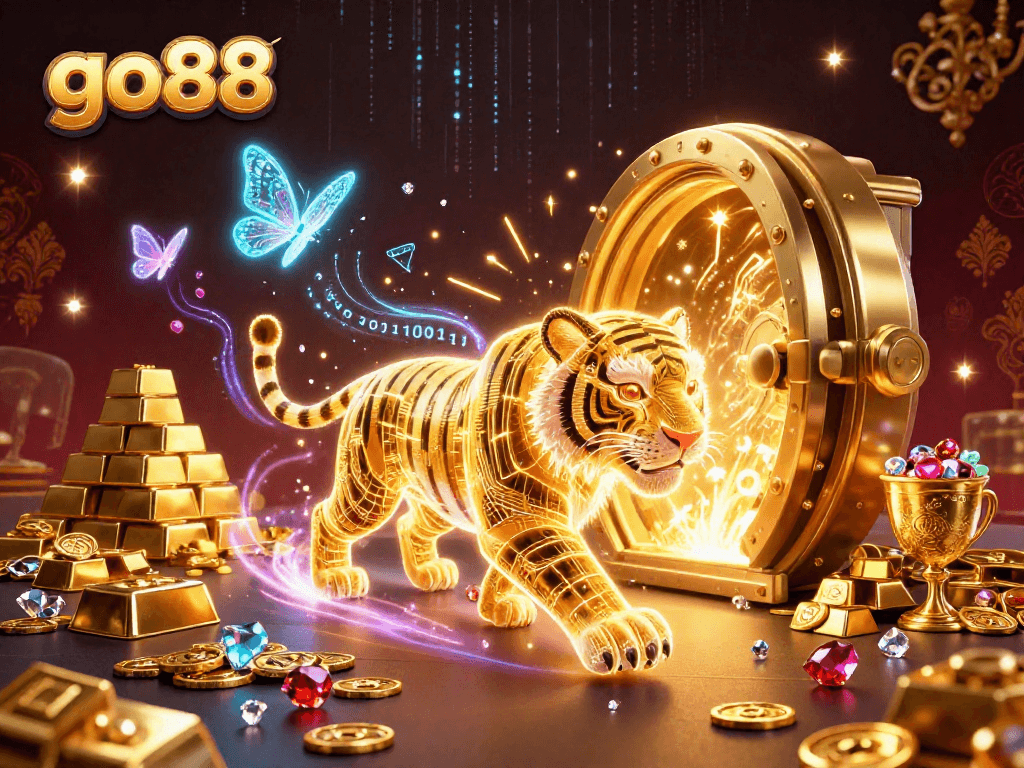 Experience thrilling adventures at go88 in this packed digital casino illustration with dazzling treasures and vibrant characters.