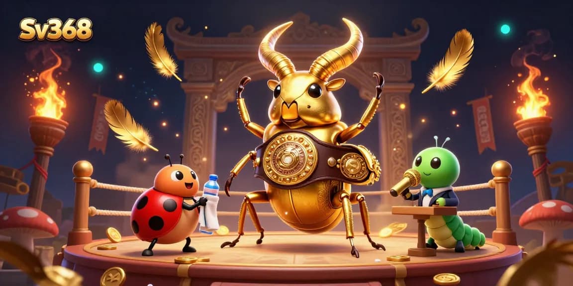 Sv368 presents an epic 3D scene of a golden stag beetle champion and supporting characters in a dynamic gambling arena.