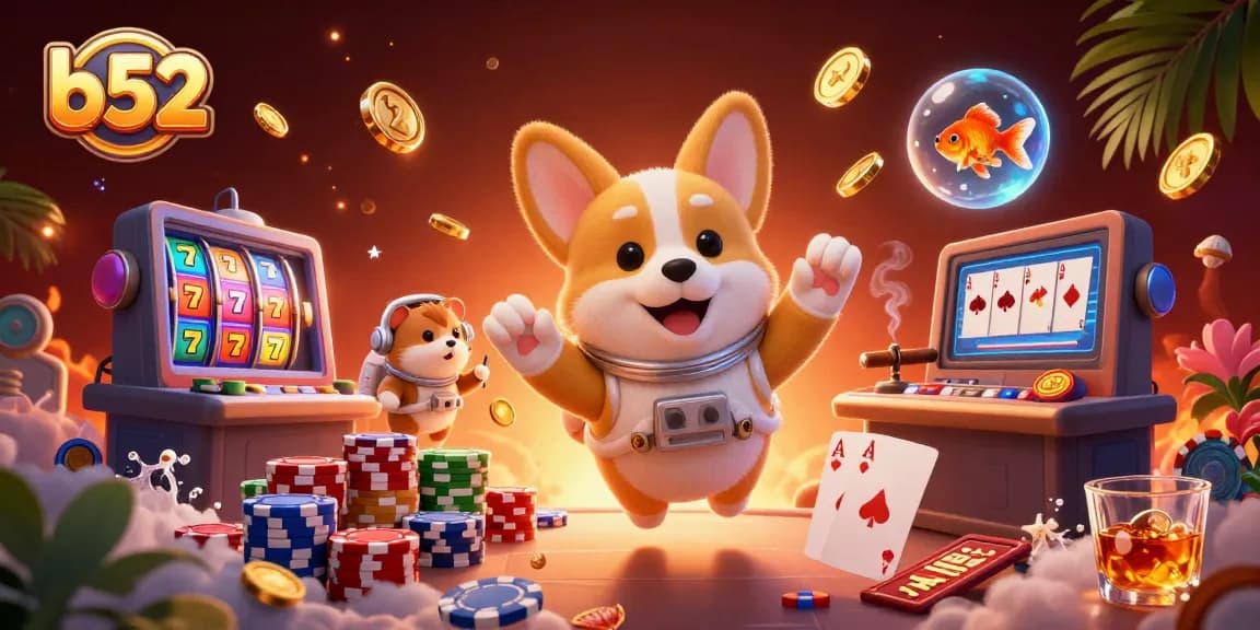 Experience thrilling jackpots at b52 casino with vibrant floating coins and lively characters.