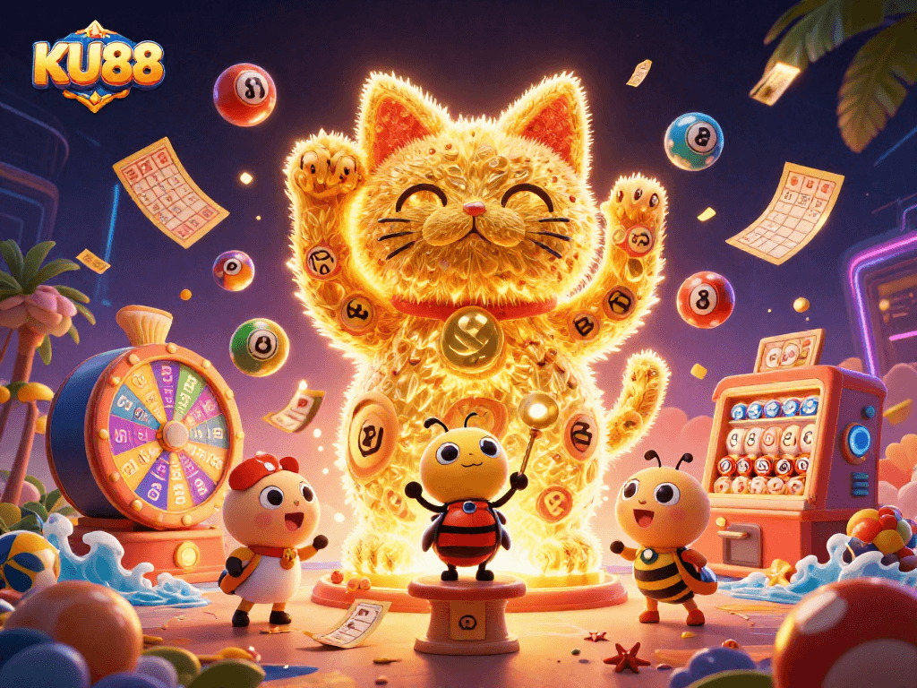 Experience winning moments with KU88's vibrant casino-themed digital illustration.