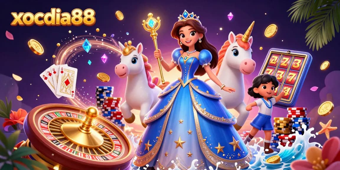 Xocdia88 showcases thrilling online gambling action with vibrant 3D characters and casino elements.