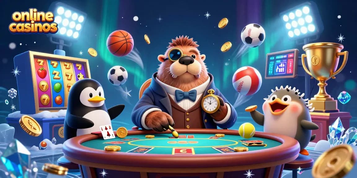 Engage with online casinos as a jolly walrus plays poker with friends in an underwater casino.