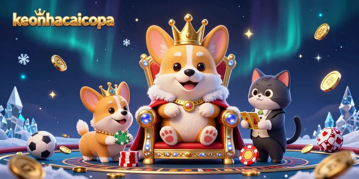 Bet on excitement with keonhacaicopa featuring a royal corgi on a throne of poker chips amidst sports betting elements.
