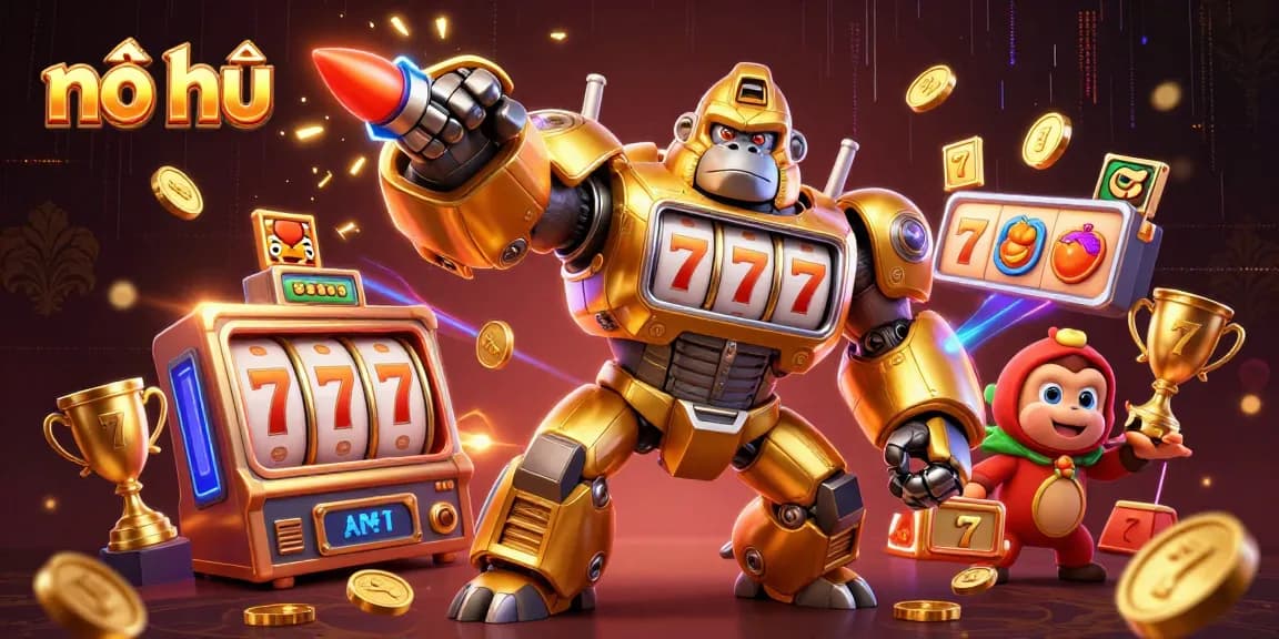 Experience the thrill of nổ hũ with a dynamic 3D gorilla mech, spinning slots, and explosive winning moments.