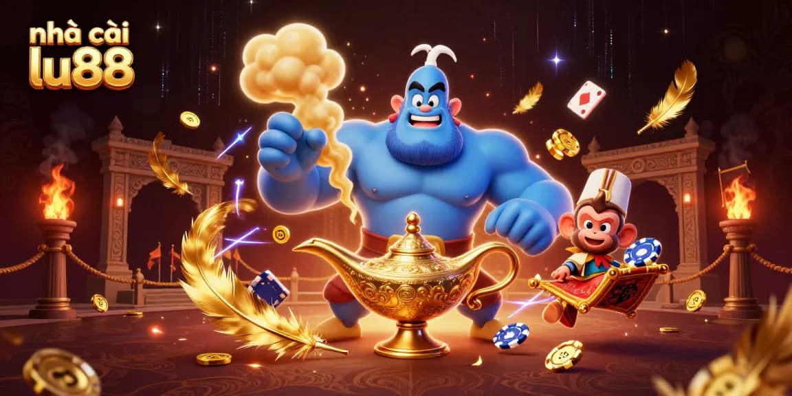 Experience thrilling gaming with nhà cái lu88, featuring a genie, golden coins, and poker chips.