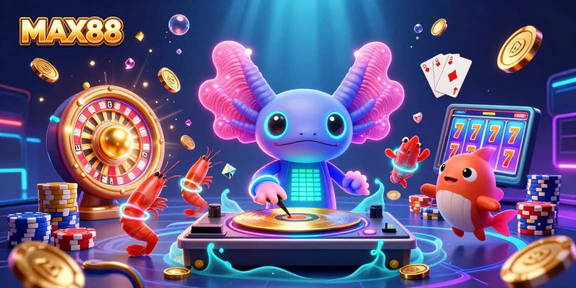 Experience the excitement at MAX88 with a vibrant casino scene featuring lively characters and dazzling game elements.