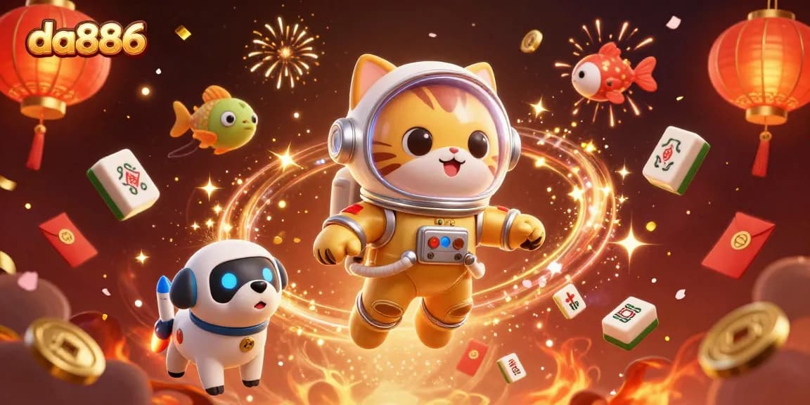 da886 thrills with a festive 3D scene showcasing a golden astronaut cat and thrilling casino elements.